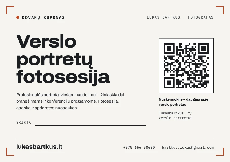 Verslo portretų fotosesijos dovanų kuponas – fotografas Lukas Bartkus